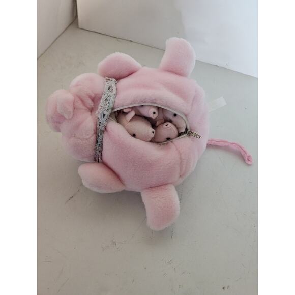Vintage Stuff Plush Mama Pig And 4 Stuffed Animal Piglets Zippered Tummy Pouch - Picture 9 of 12